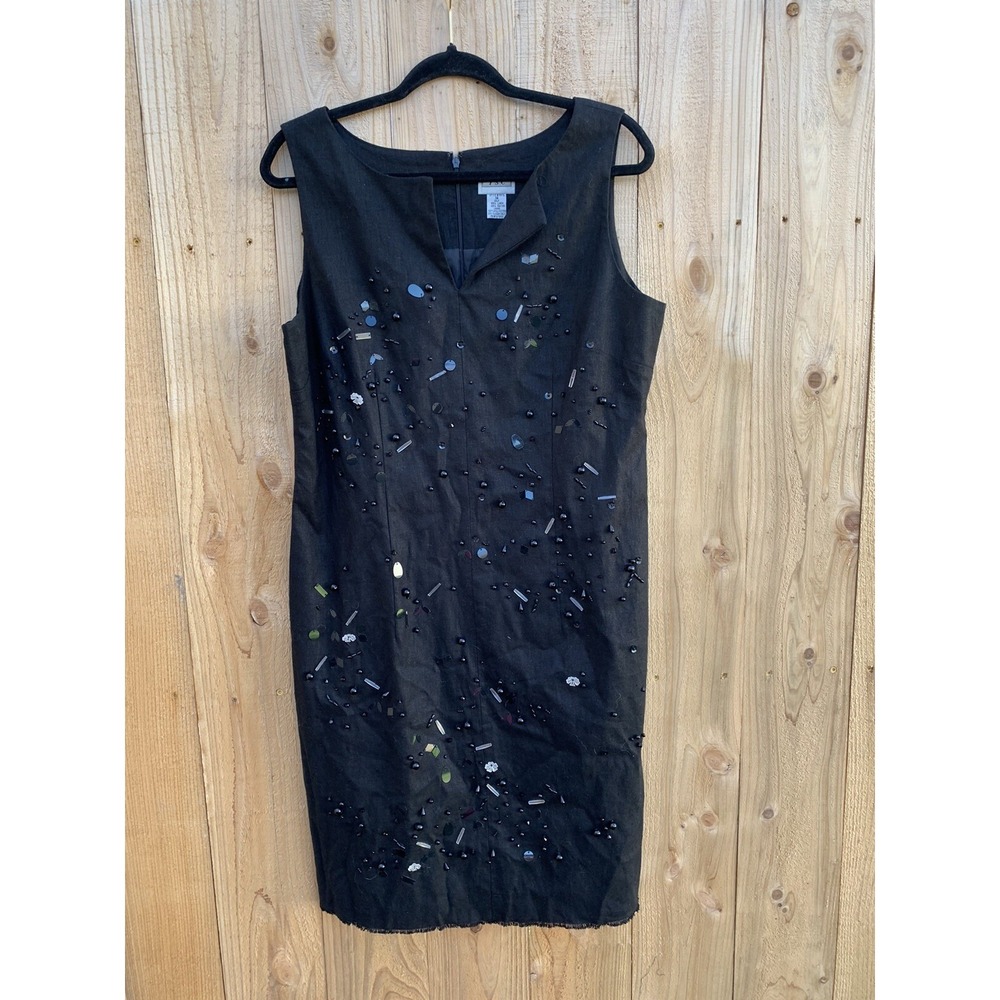ISC Beaded Evening Party Dress Size 14 Linen Sleeveless Knee Length Black fall‎